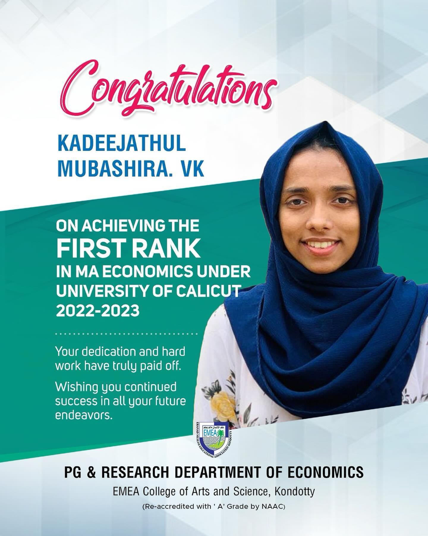 FIRST RANK IN MA ECONOMICS UNDER UNIVERSITY OF CALICUT 2022-2023