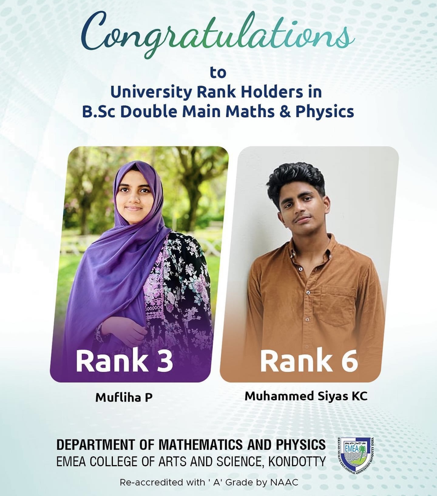 University Rank Holders in B.Sc Double Main Maths & Physics 2023-2024